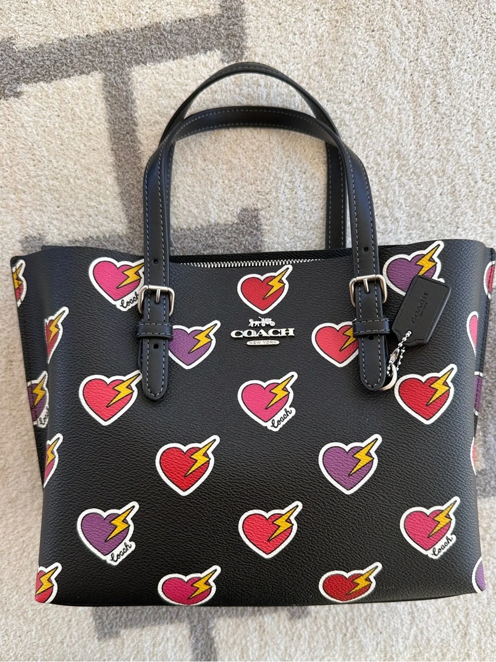 Coach Black Leather Tote with Colorful Heart & Lightning Motif